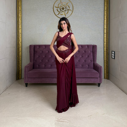 Embellished Ready-To-Wear Red Crepe Saree with Stitched Blouse