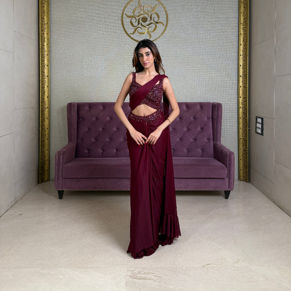 Embellished Ready-To-Wear Red Crepe Saree with Stitched Blouse
