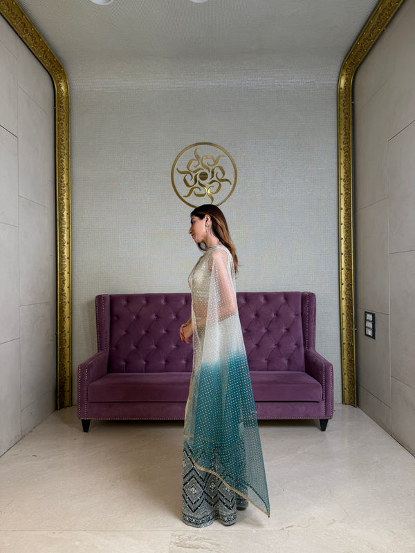 White and Green Net Salwar Suit with Stone & Zari Work