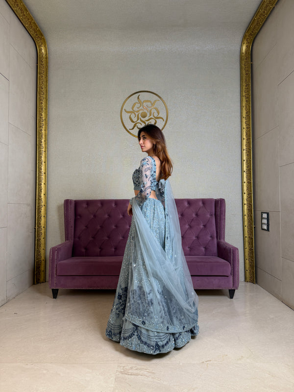 Smoky Grey Net Lehenga Set with Abla, Cutdana & Sequin Embellishments