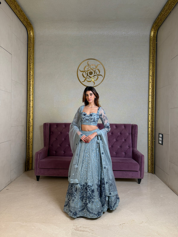 Smoky Grey Net Lehenga Set with Abla, Cutdana & Sequin Embellishments