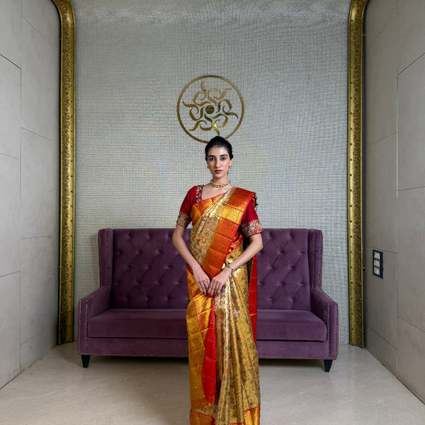 Golden Kanjivaram Silk Saree with Minakari Work