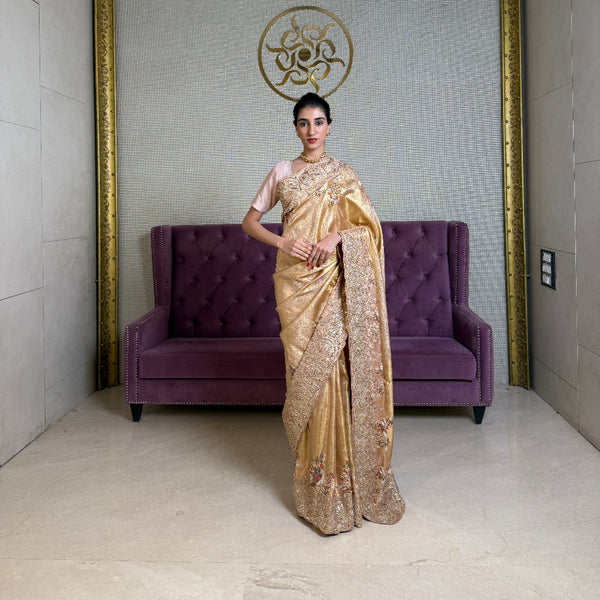 Gold Kanjivaram Silk Saree with Gota Patti and Dori Work