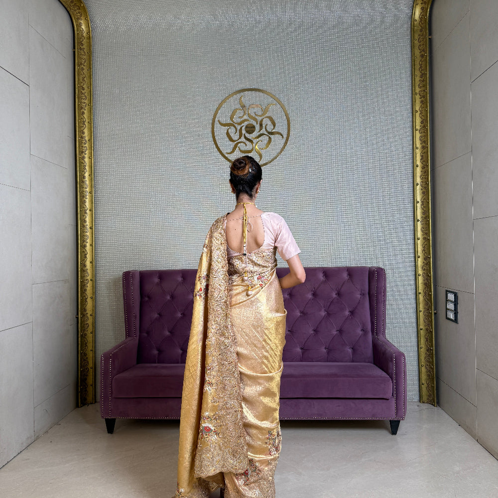 Gold Kanjivaram Silk Saree with Gota Patti and Dori Work