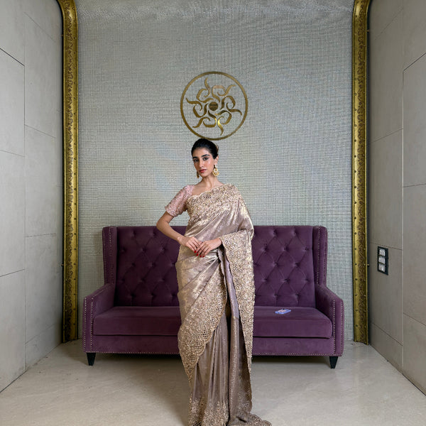Mauve Kanjivaram Silk Saree with Dori and Hand Embellishments