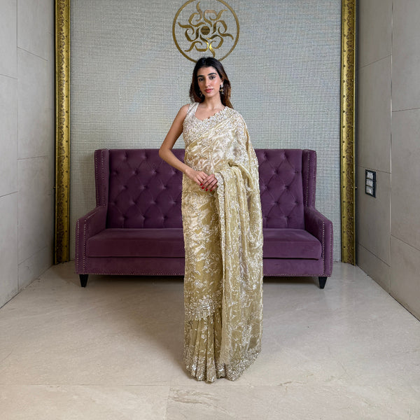 Lime Green Tissue Saree with Sequin and Bead Work