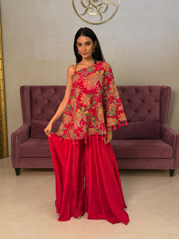 Red Crepe Salwar Kameez with Multicolor Dupatta & Zari Embellishments