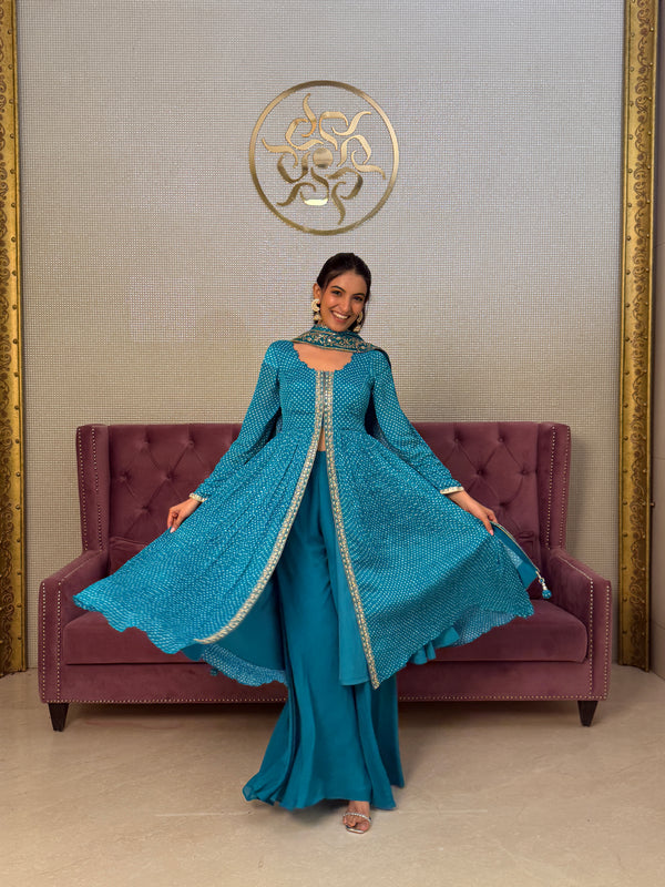 Blue Chinnon Suit with Crepe Salwar and Zari Embellishments