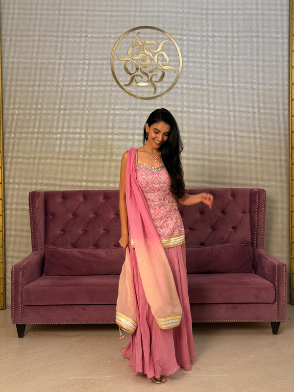 Pink Satin Silk Suit with Printed Organza Dupatta
