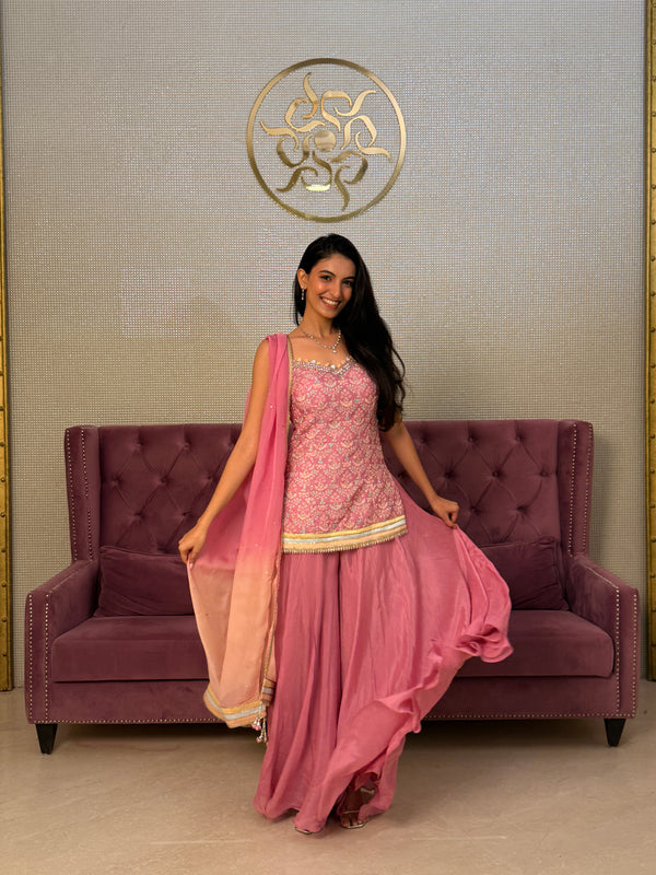 Pink Satin Silk Suit with Printed Organza Dupatta