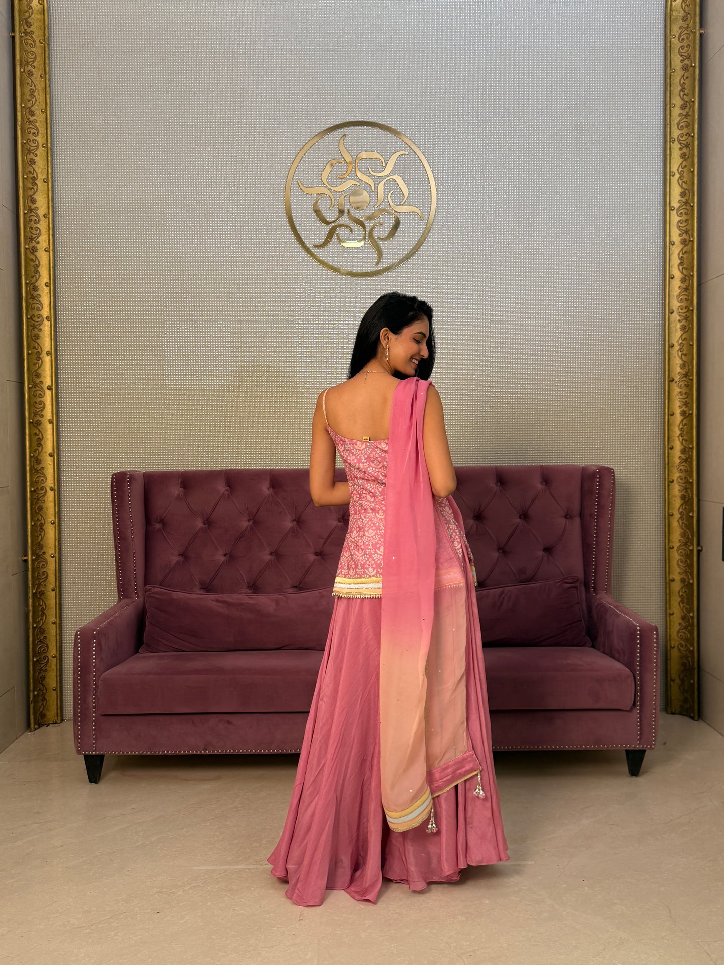 Pink Satin Silk Suit with Printed Organza Dupatta