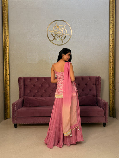 Pink Satin Silk Suit with Printed Organza Dupatta
