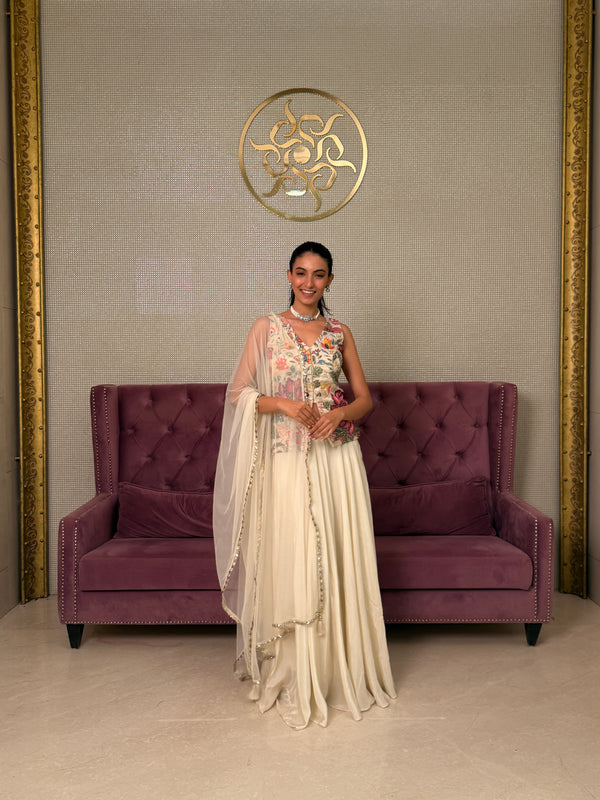 Floral Embroidered White Sharara Set with Cape