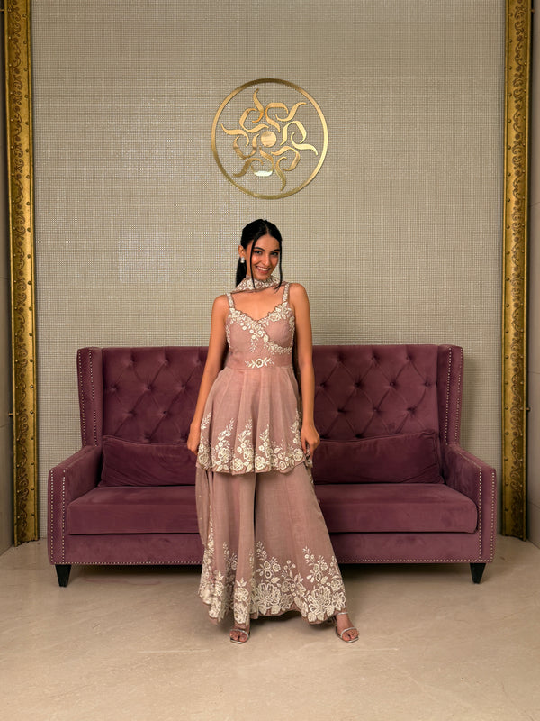 Dusty Rose Kurta Set with Embroidered Sharara