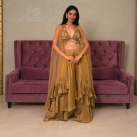 Gold Chinnon Salwar Suit with Net Dupatta and Kundan Work