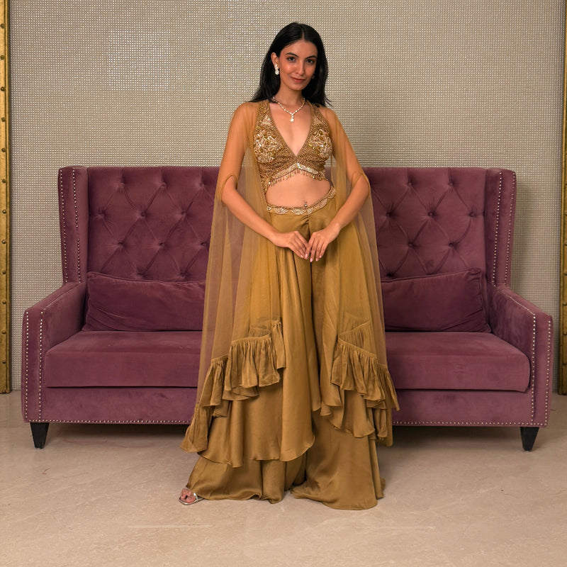 Gold Chinnon Salwar Suit with Net Dupatta and Kundan Work