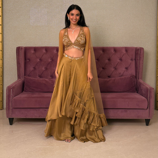 Gold Chinnon Salwar Suit with Net Dupatta and Kundan Work