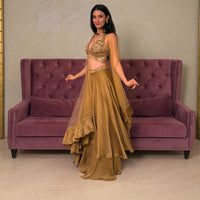 Gold Chinnon Salwar Suit with Net Dupatta and Kundan Work