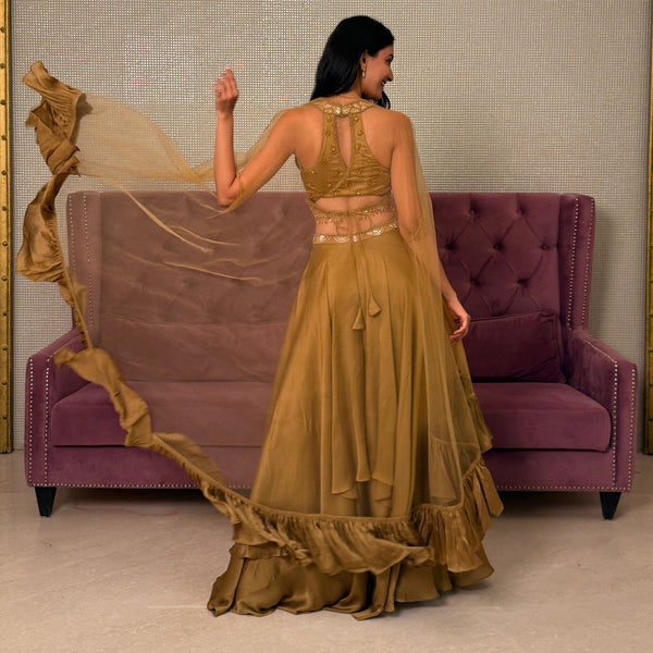 Gold Chinnon Salwar Suit with Net Dupatta and Kundan Work