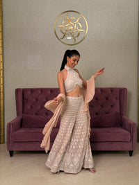 Woman in a Pink Georgette Salwar Kameez standing in front of a purple couch with a gold emblem on the wall.