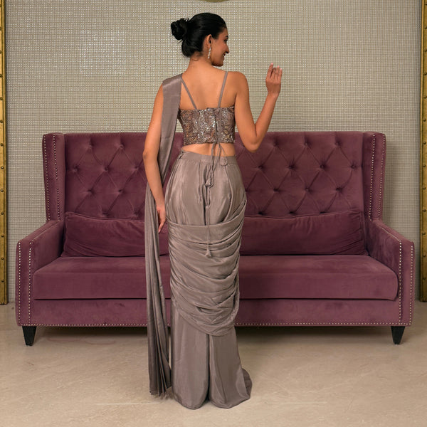 Gold Crepe Saree with Stitched Net Blouse