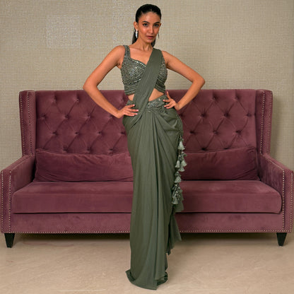 Green Chinnon Saree with Stitched Net Blouse