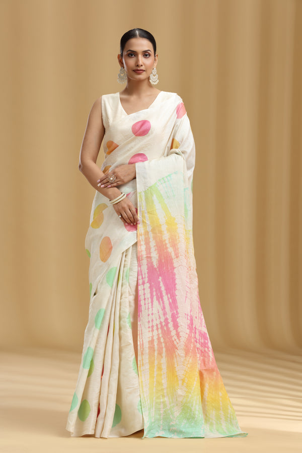 Ivory Dola Silk Tussar Print Saree (Unstitched)