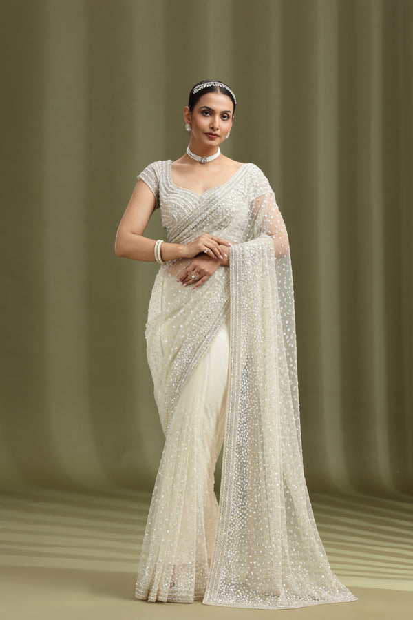 Ivory Net Saree with Sequins & Cutdana Work (Unstitched)