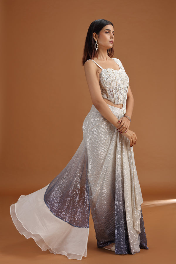 Ivory Net Saree with Stitched Net Blouse & French Knots Detail