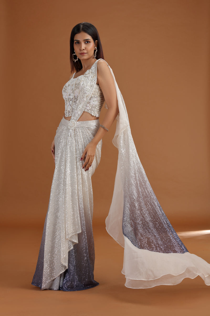 Ivory Net Saree with Stitched Net Blouse & French Knots Detail
