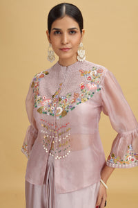 Woman wearing a Lilac Satin Silk Suit Set