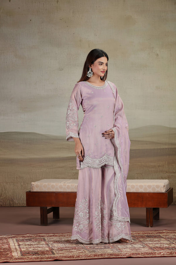 Lilac Tissue Organza Outfit with Pearl & Zari Work