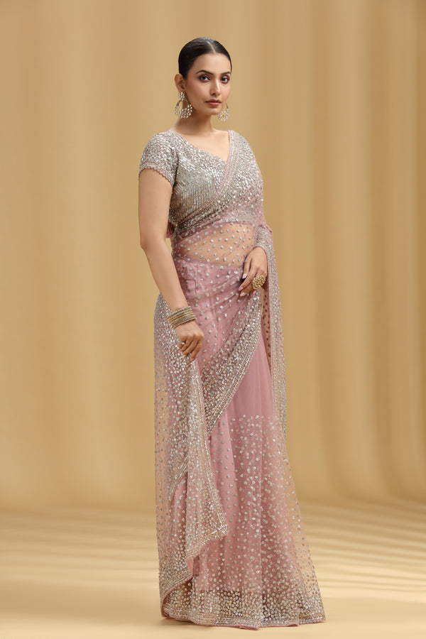Mauve Net Saree with Sequins & Cutdana Work (Unstitched)