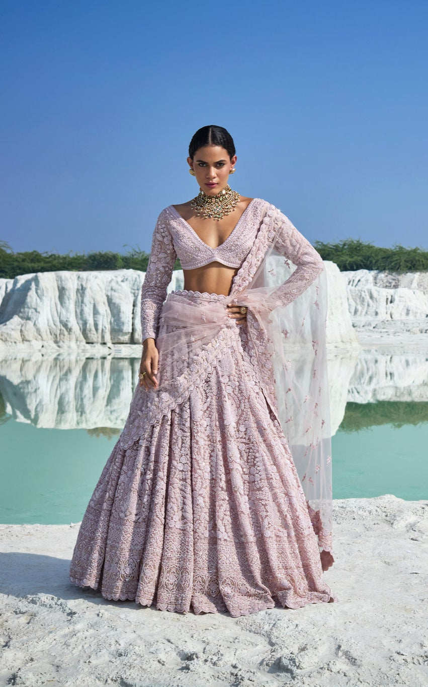 Moonlit Heirlooms - Mauve Net Lehenga Set with Zardosi & French Knot Embellishments