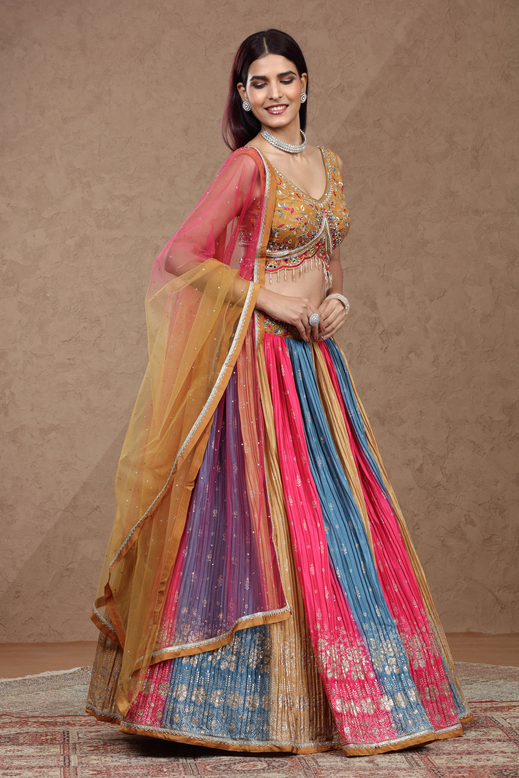 Multicolor Banarasi Silk Lehenga Set with Pink Net Dupatta & Embellished Satin Silk Blouse