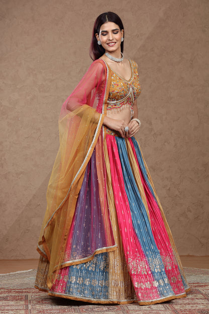 Multicolor Banarasi Silk Lehenga Set with Pink Net Dupatta & Embellished Satin Silk Blouse