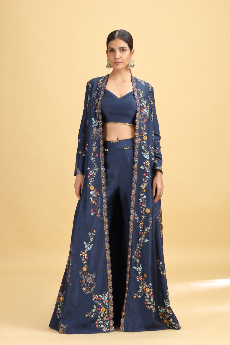 Navy Blue Dola Silk Suit Set with Abla, Moti & Sequins