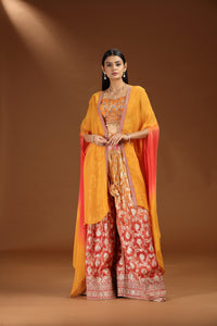 Woman wearing a traditional outfit with a yellow dupatta and red and white patterned pants on a brown background
