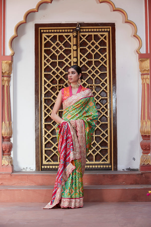 Parrot Green Patola Silk Saree with Gota Patti, Sequins, and Cutdana Work