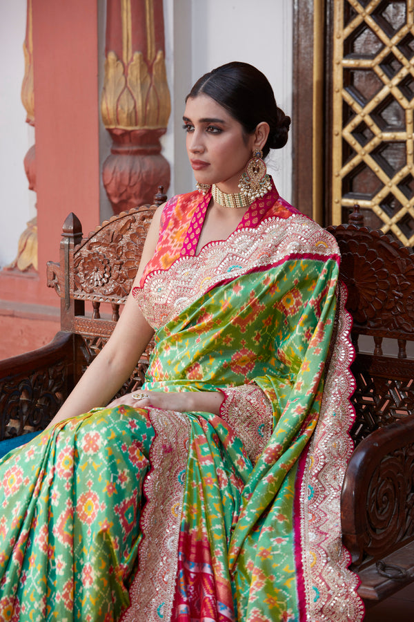 Parrot Green Patola Silk Saree with Gota Patti, Sequins, and Cutdana Work