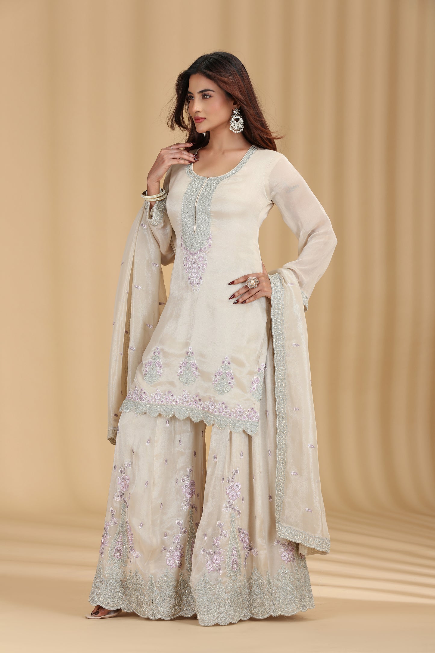 Woman wearing a designer beige tissue salwar suit set with resham and zari work