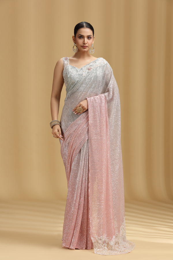 Peach & Grey Net Saree with Sequins, Beads, Cutdana, Resham & Stone Work (Stitched Blouse)