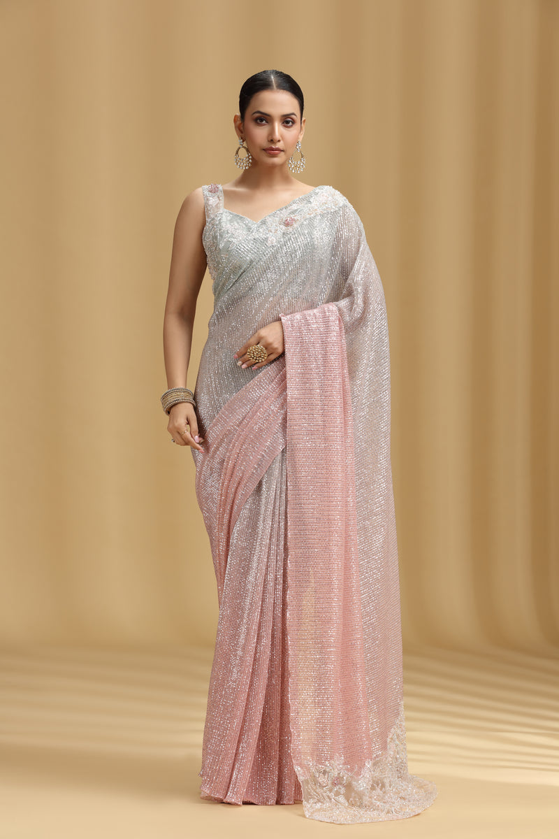 Peach & Grey Net Saree with Sequins, Beads, Cutdana, Resham & Stone Work (Stitched Blouse)