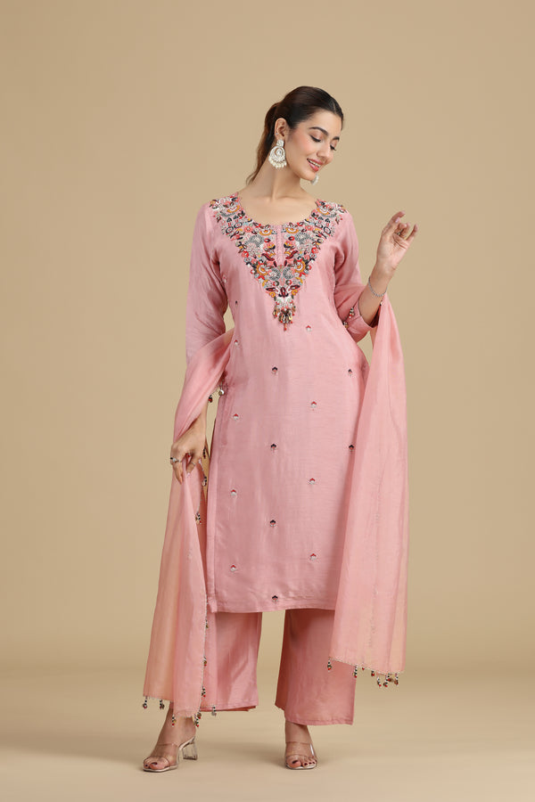 Peach Raw Silk Kurta Set with Pearls & Zari Work