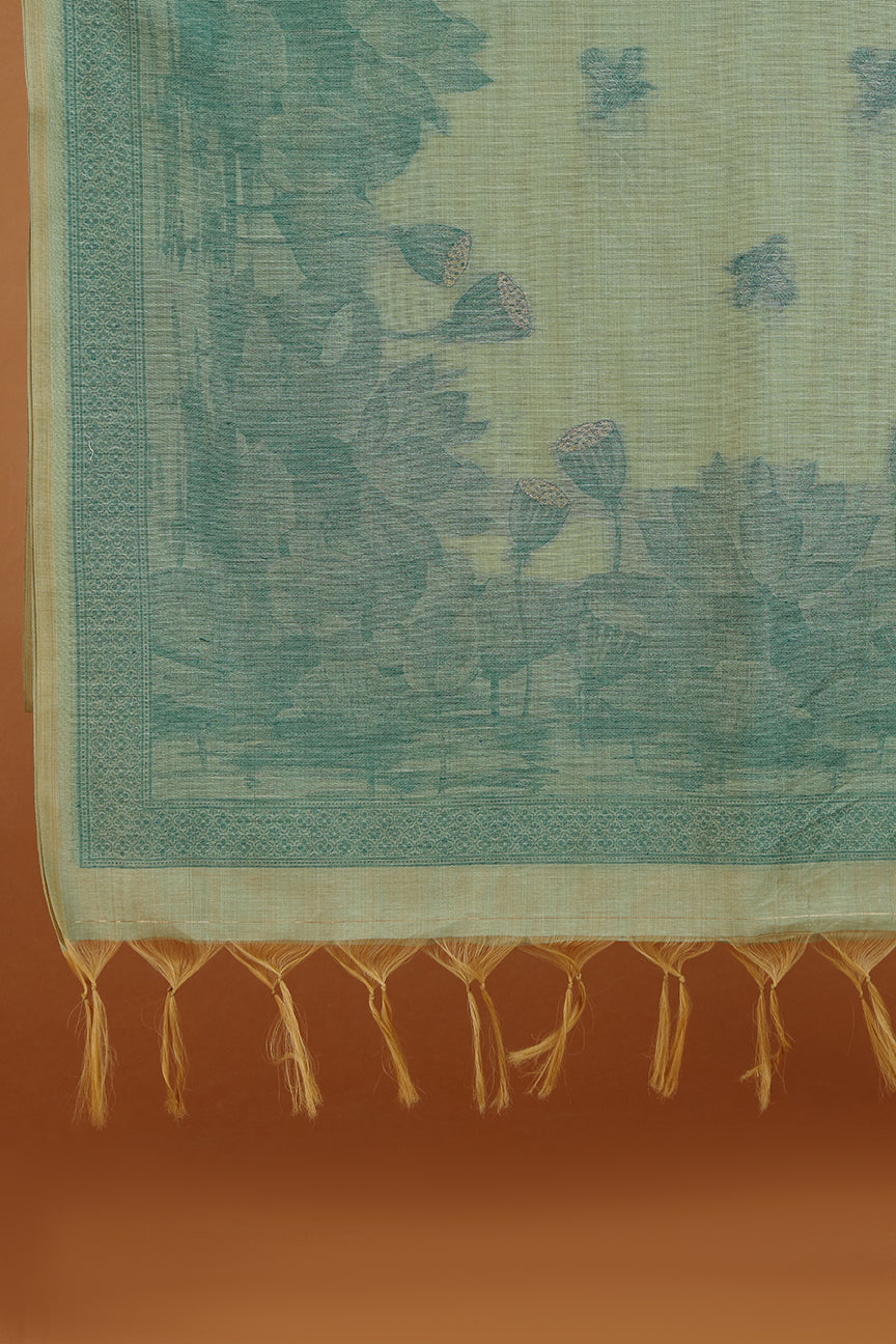 Textile with intricate patterns and tassels on a brown background