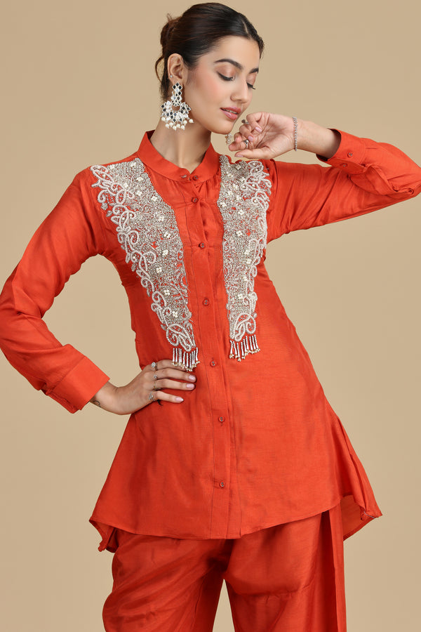 Rust Orange Raw Silk Kurta Set with Sequins & Pearls