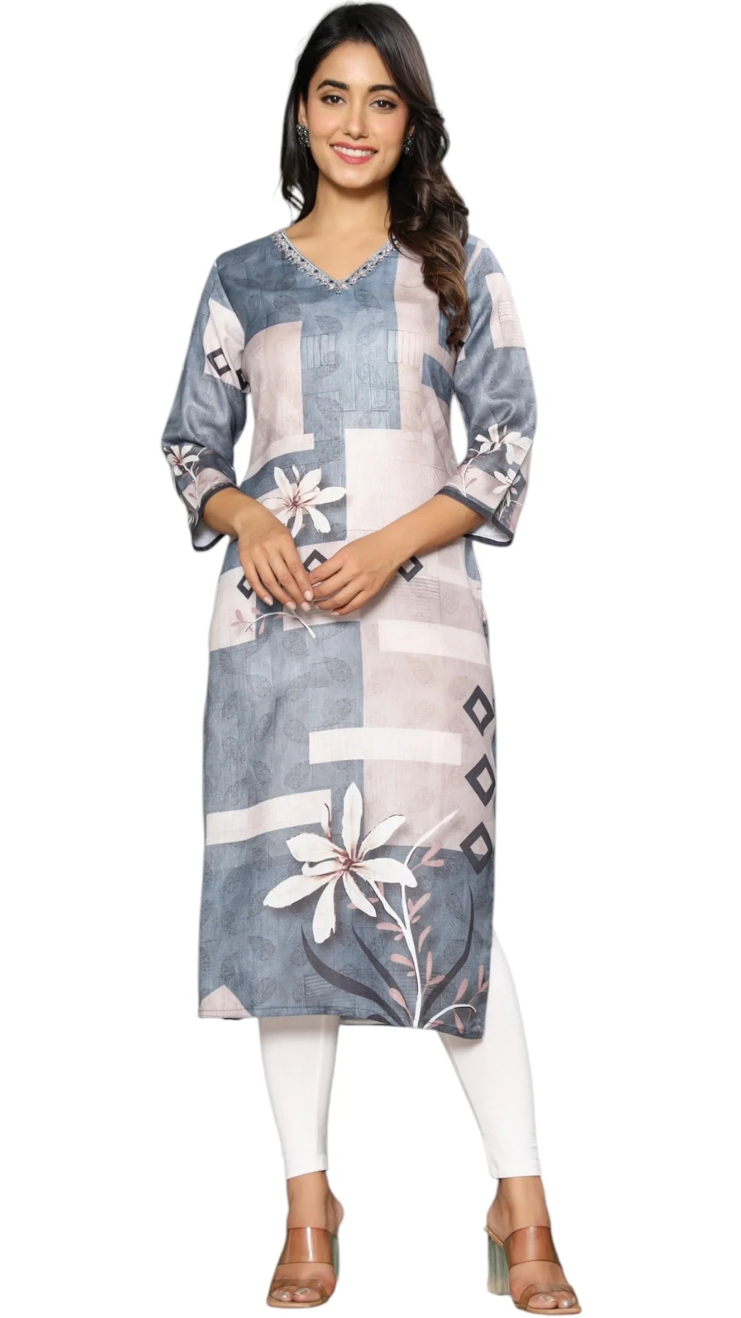 Elegant Grey Printed Cotton Kurta