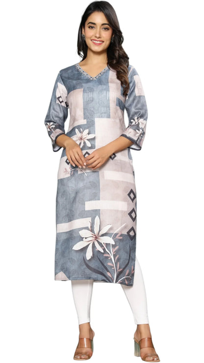 Elegant Grey Printed Cotton Kurta