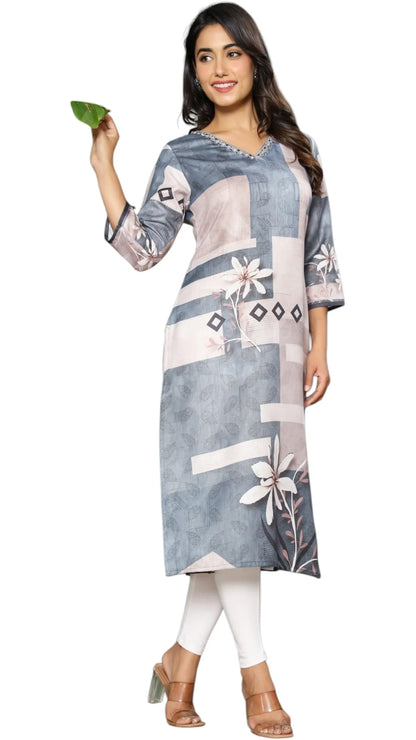 Elegant Grey Printed Cotton Kurta