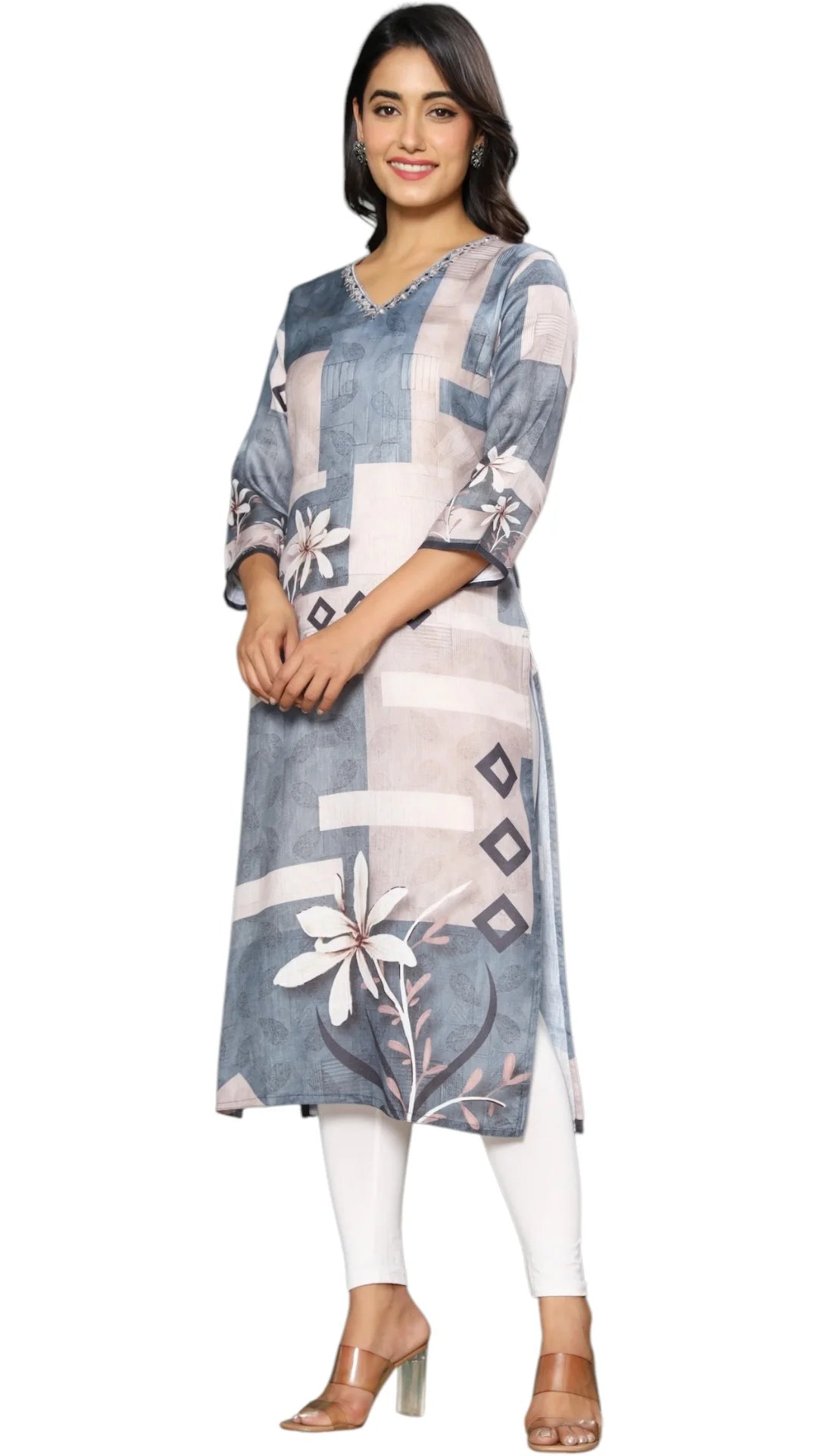 Elegant Grey Printed Cotton Kurta